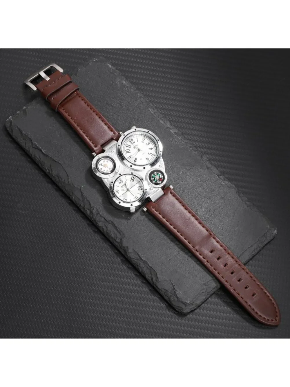 Mens Big Face Watches Strap Dual Time Zone Display with Thermometer Compass